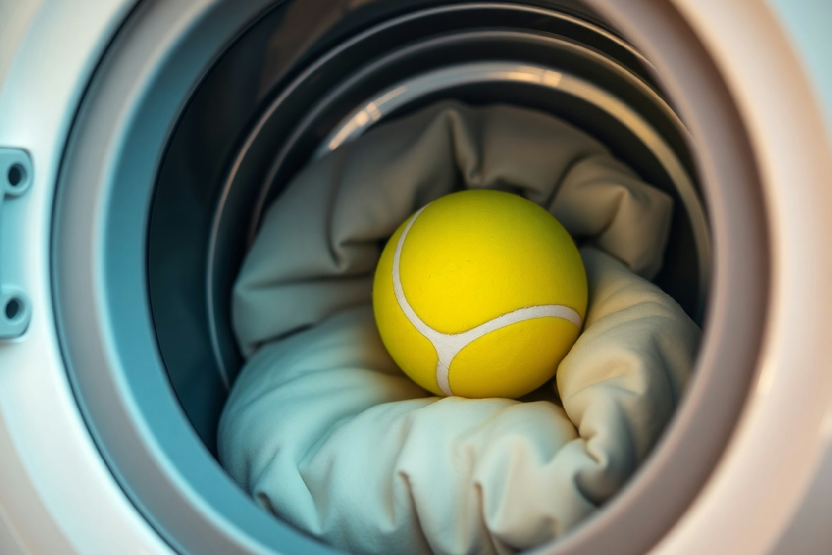 Se il tuo piumino è schiacciato dopo il lavaggio, prova a usare una pallina per riportarlo gonfio e caldo.